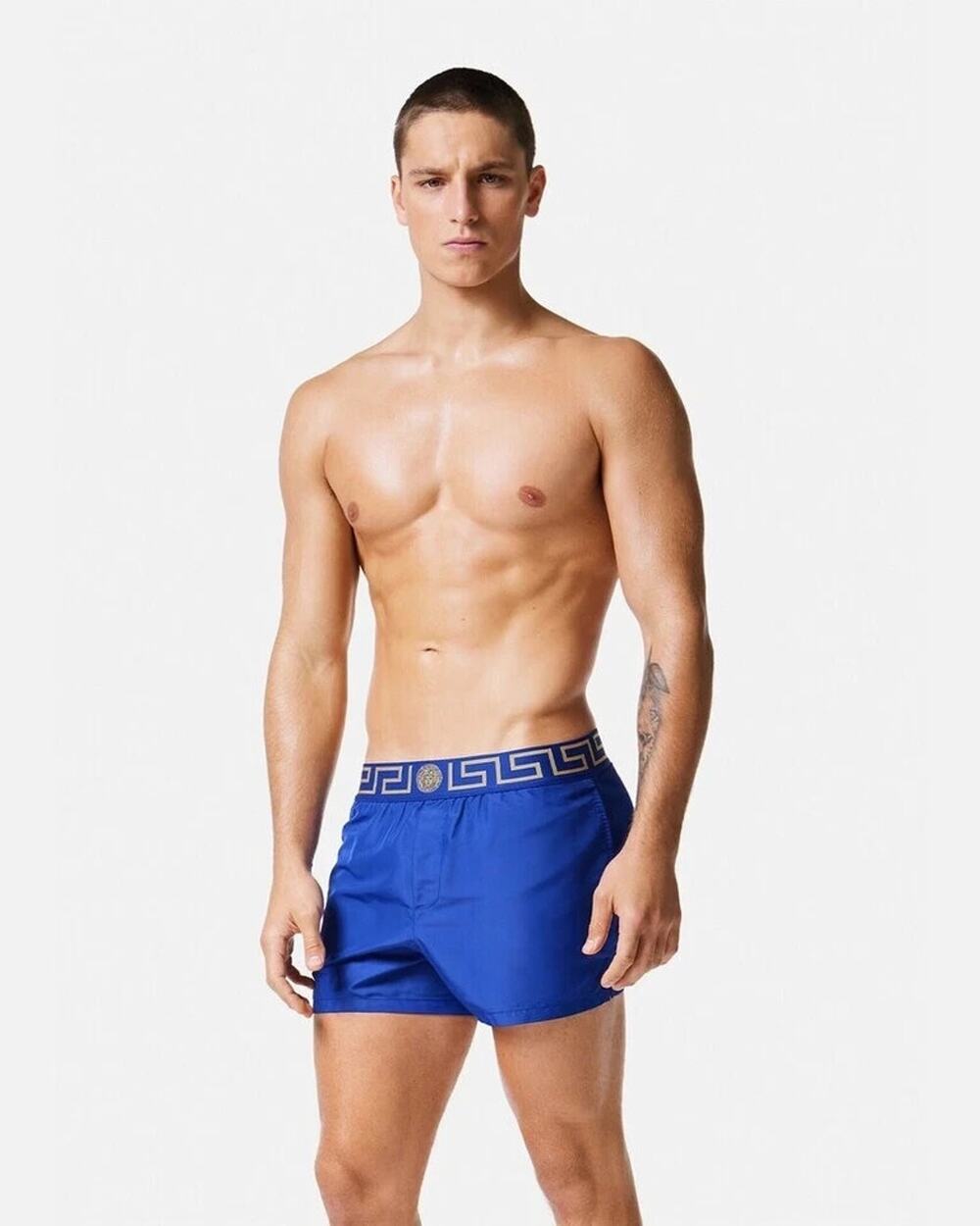 NWT Versace Greca Border Swim Shorts IT 8 US 2XL Blue Medusa Logo Elastic Waist
